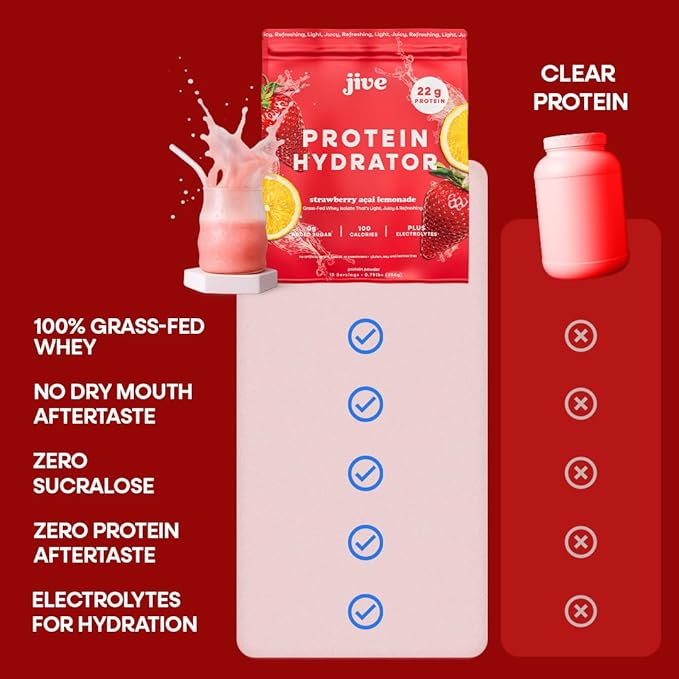 Jive Clear Protein Powder - 22g Grass-Fed Whey Isolate, 13 Servings - Strawberry Acai Lemonade - 895mg of Electrolytes - Zero Added Sugar - Clear Drink Protein Water & Juice