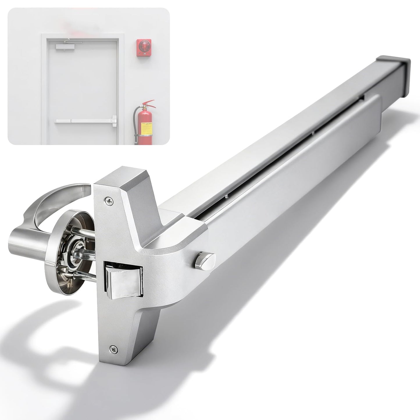 IRONWALLS 32 Inch Panic Bars for Exit Doors, Commercial Emergency Exit Push Bar Panic Exit Device with Exterior Lever Trim for 32" to 48" Wood Metal Door, Heavy Duty Steel Panic Door Hardware, Silver