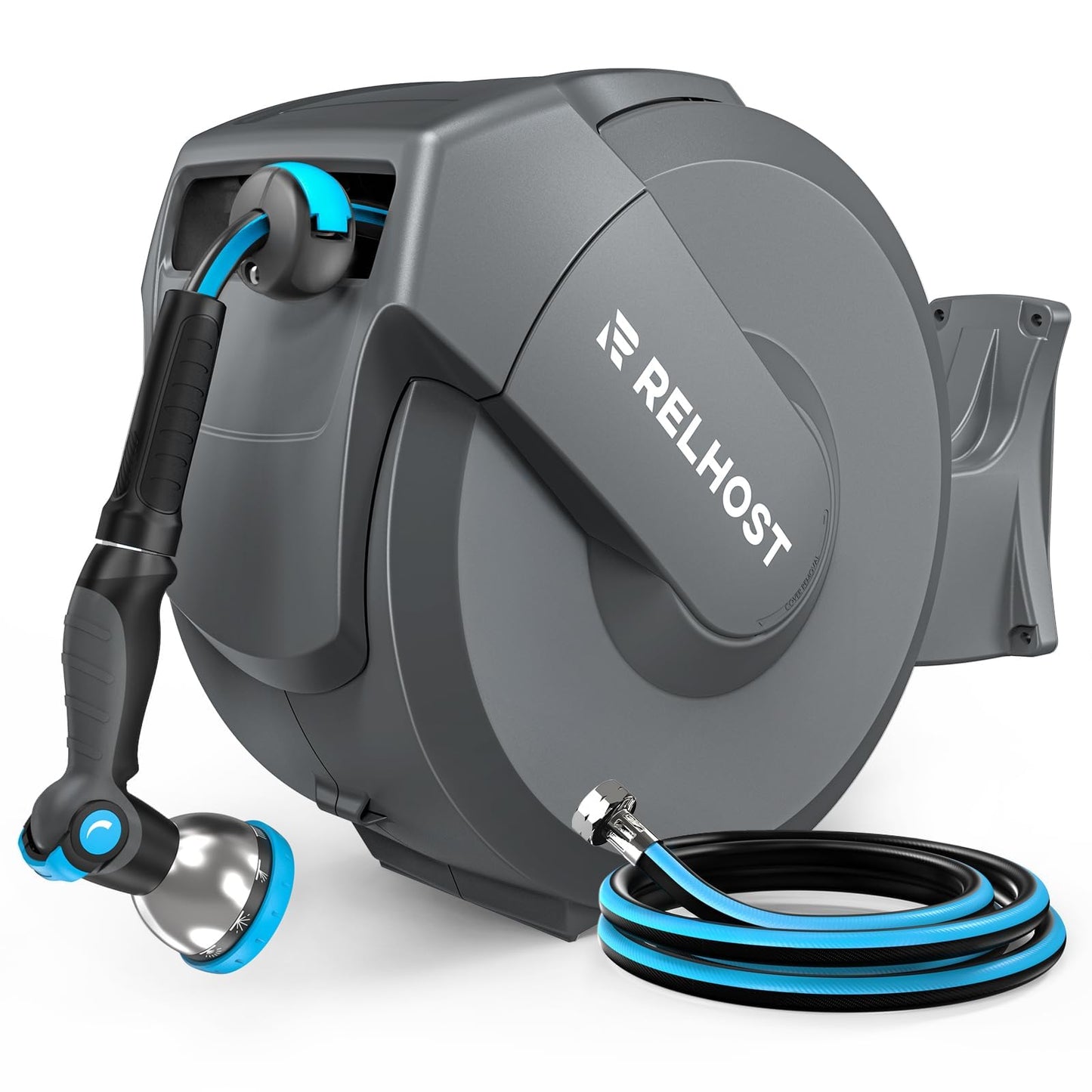 Relhost Retractable Garden Hose Reel, 5/8 in x 100 ft Wall Mount Heavy Duty Hose Reel with Any-Length Lock, Auto Rewind System, 180° Swivel Bracket, and 10-Pattern Nozzle for Garden, Dark Grey