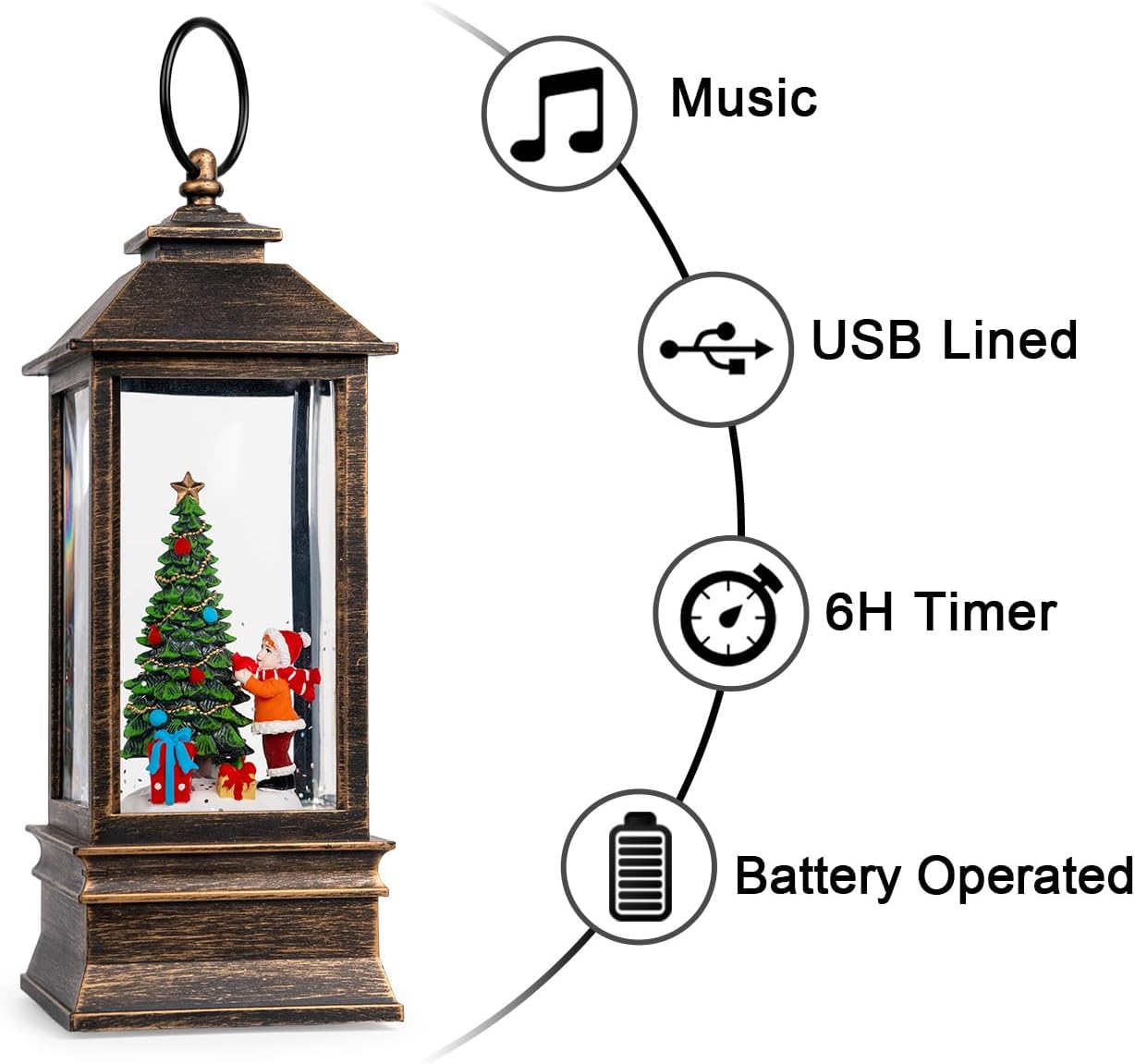 Skiennix 10'' Snow Globe Christmas Lantern - Musical & Lighted with Swirling Glitter | Battery or USB Powered