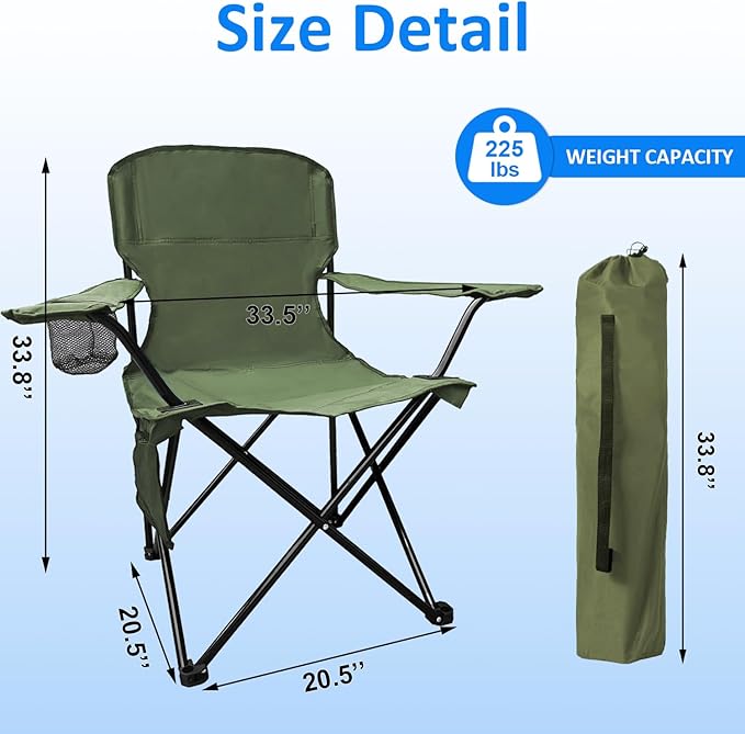 Folding Camping Chair, 225lb Capacity, Includes Cup Holder & Side Storage Bag, 5.5lbs Portable for Beach, Camping, Sport,Green