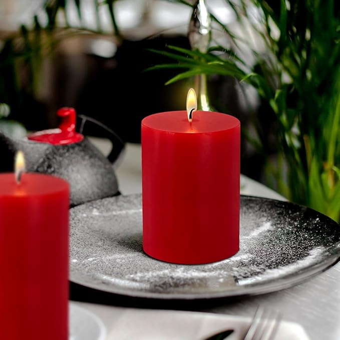 Red Pillar Candles Set of 3 - Dripless Unscented - 3x4, 3x6 & 3x8 inches Decorative Candles for Home Decor & Table Centerpieces