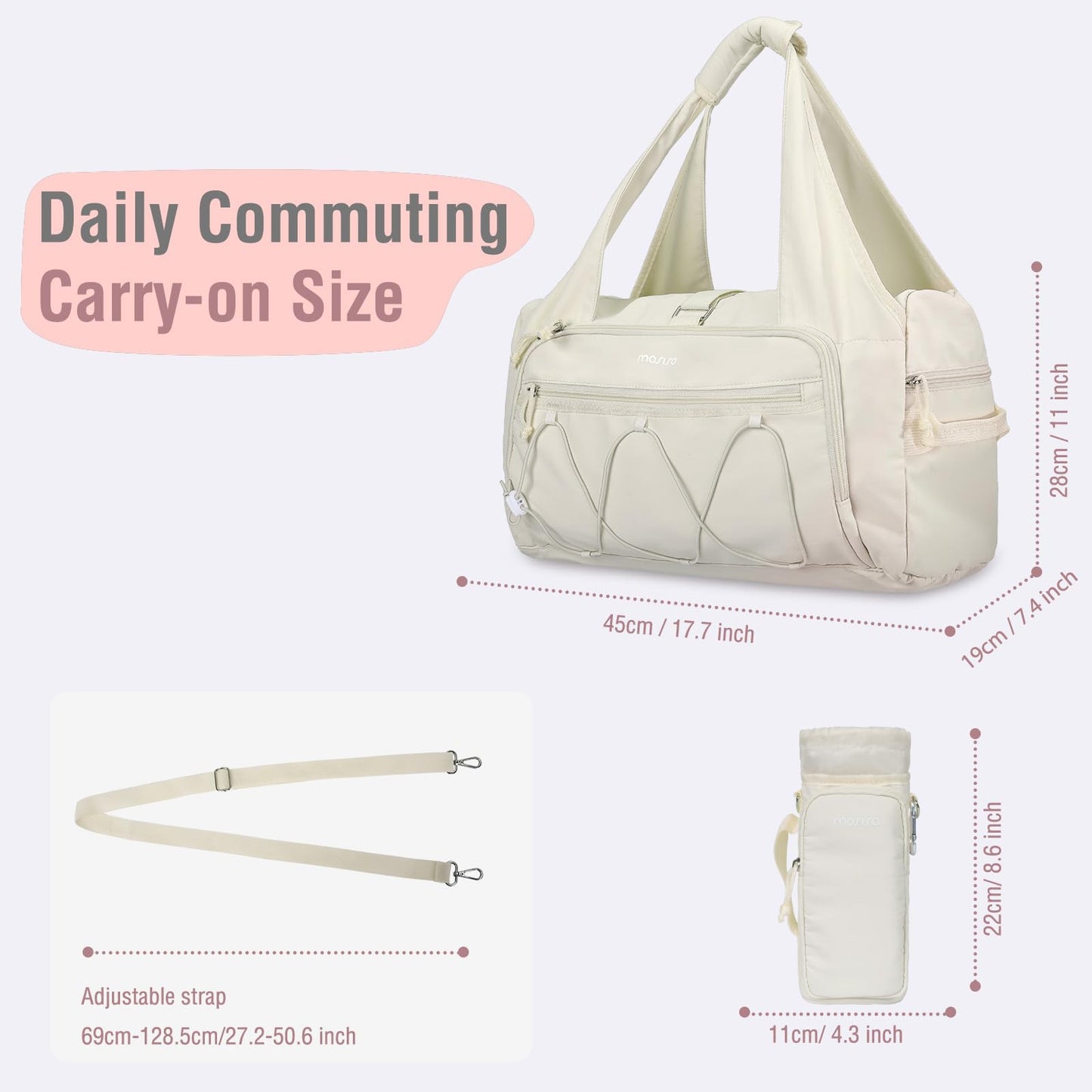 MOSISO Gym Bag for Women, Travel Duffle Weekender Overnight Workout Carry on Small Tote Sport Gym Duffle Bag with Shoe Compartment&Wet Pocket&Water Bottle Holder for Fitness, Yoga, Weekend, Beige