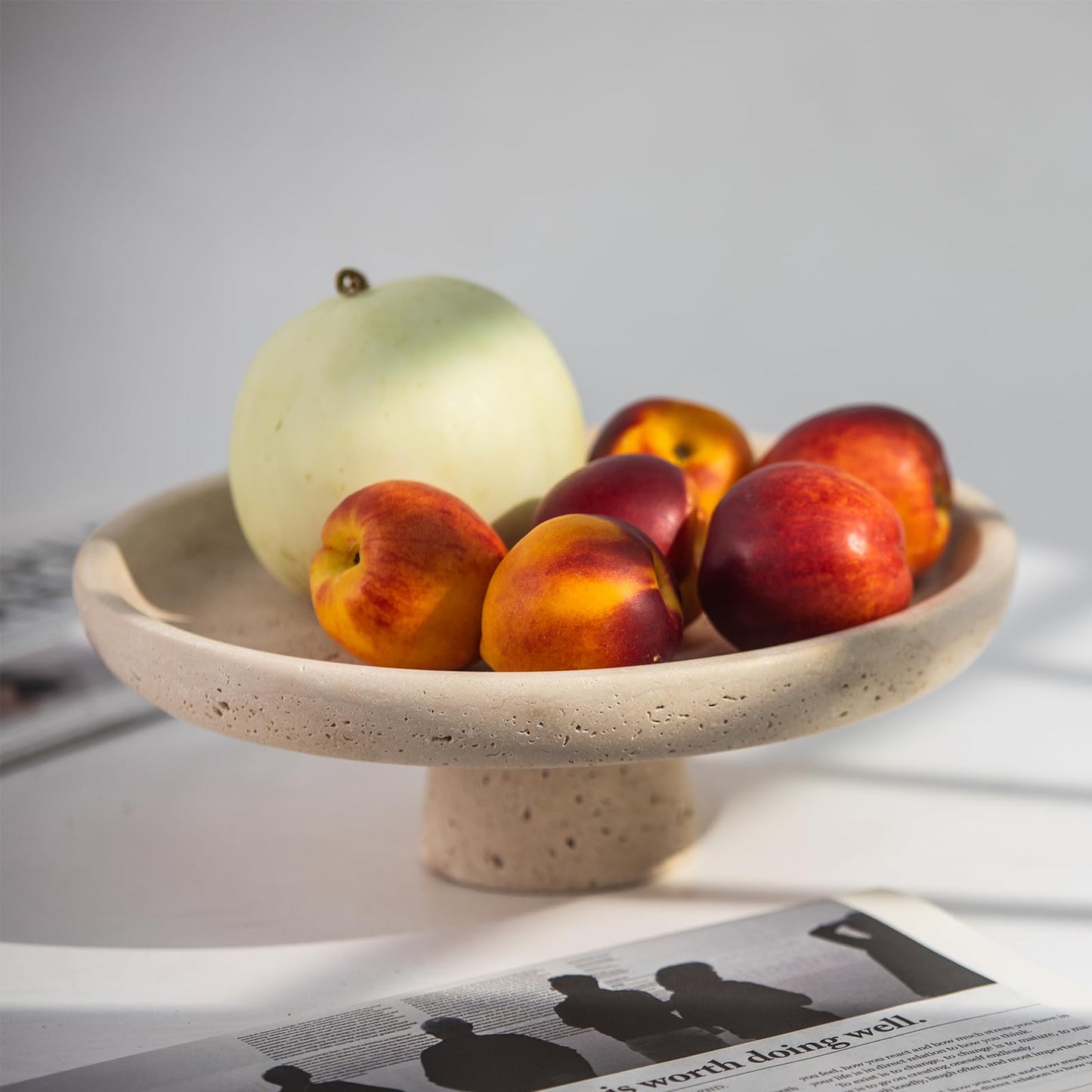 Natural Travertine Fruit Bowl 11.8" – Large Decorative Bowl & Travertine Decor Pedestal for Kitchen Counter & Dining Table ,For Entryway, Kitchen Fruit Bowl, Potpourri, Dining Table Centerpiece.
