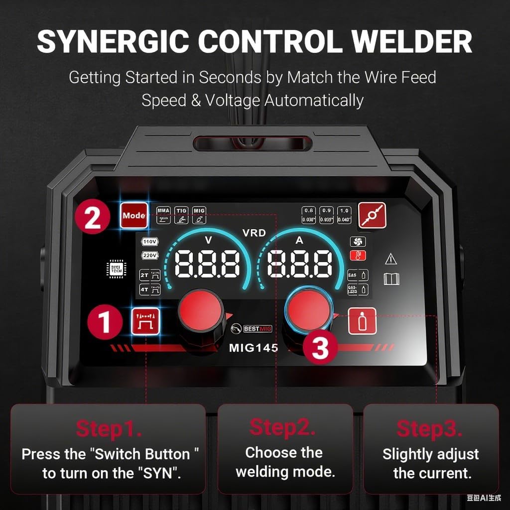 BESTMIG 145A 4-in-1 Multi-Process Welder, 110V/220V MIG/TIG/MMA/Stick Welding Machine, Gas & Gasless Flux Core Welder with Synergy IGBT Inverter, Includes Welding Helmet & Gloves