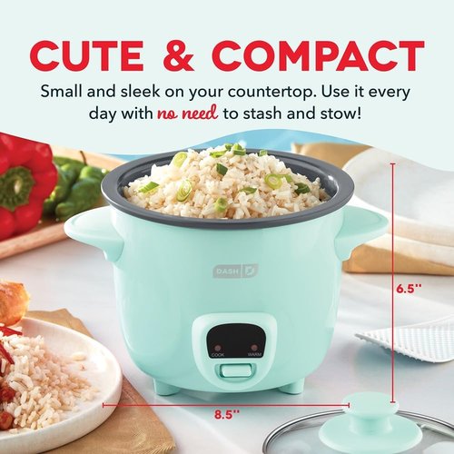 Dash Mini Ceramic Rice Cooker - Compact Single-Serve Cooker with Nonstick Pot & Keep Warm Function - Aqua