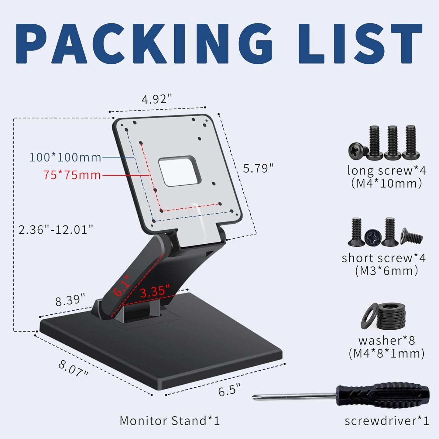 Bestoct 12-24" 75x75mm 100x100mm Low Profile Monitor Stand, LCD TV Foldable Mount for Desk, Lay Flat Stand for Screens