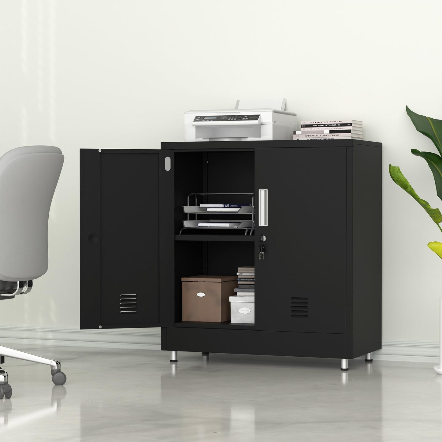 JINKUR Metal Storage Cabinet with Locking Doors and Adjustable Shelf, Small Lockable Sideboard Buffet Cabinet for Home, Office, Entryway, Hallway, Living Room, Kitchen and Dining Room (Black)