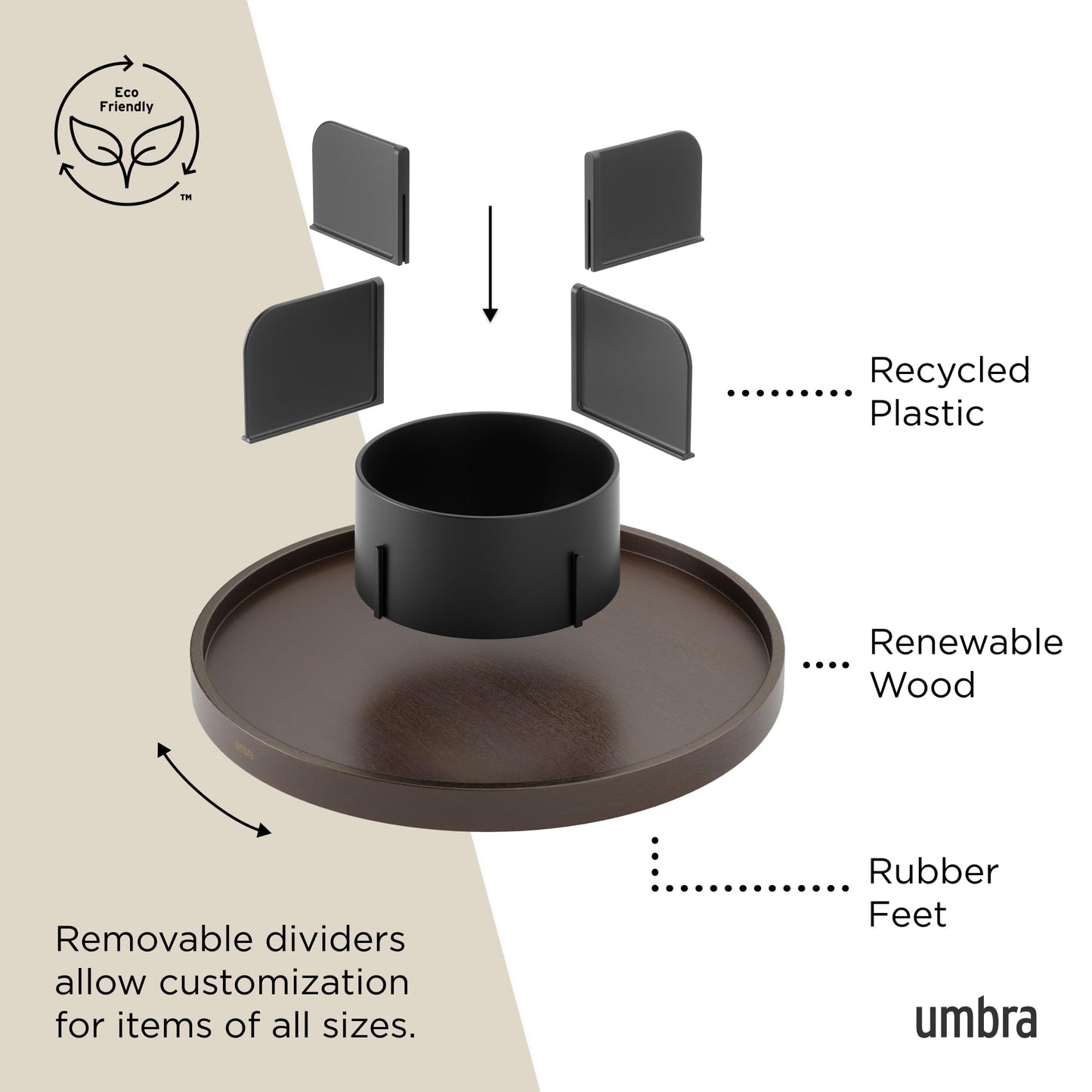 Umbra Bellwood Lazy Susan Divided Tray Organizer for Pantry Spices and More, Made of Durable Plastic and Wood, Black/Walnut
