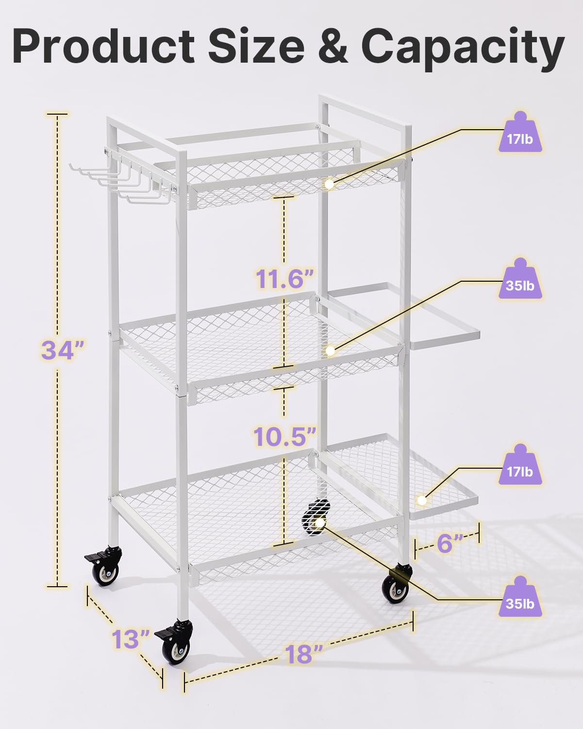 YOTTOY 3-Tier Gym Storage Rack for Home Gym–Multi-Functional Weight Rack, Dumbbell Rack, Yoga Mat Holder with Side Basket & 6 Hooks, Gym Equipment Organizer (White)