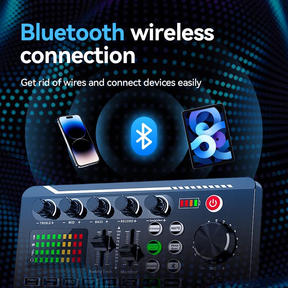 EASEMELO 16 4 1200mAh Professional Live Sound Card Audio Mixer with Bluetooth & OTG, Portable DJ Mixer Board with Sound