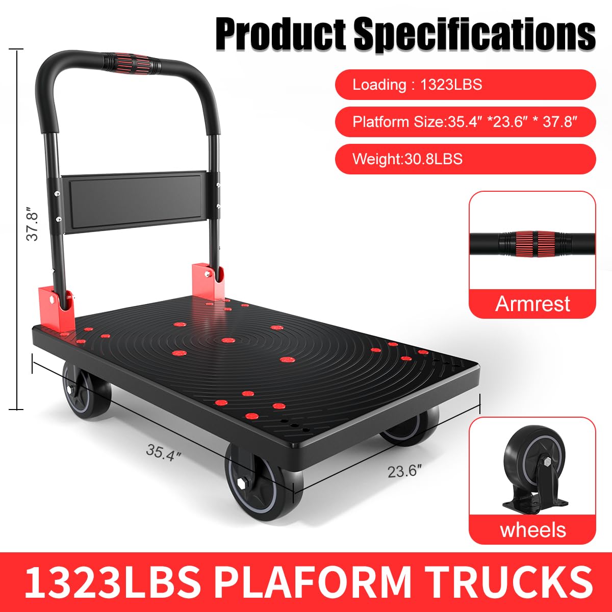 WUD Heavy-Duty Folding Platform Cart – Reinforced 35.4″ × 23.6″, 1323 lb Capacity, 360° Swivel Wheels, Black