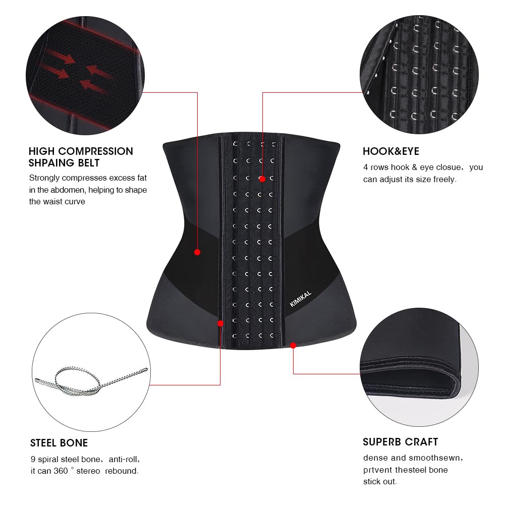 KIMIKAL Women Waist Trainer Corset Belt: Under Clothes Sport Tummy Control Long Torso Shapewear Black