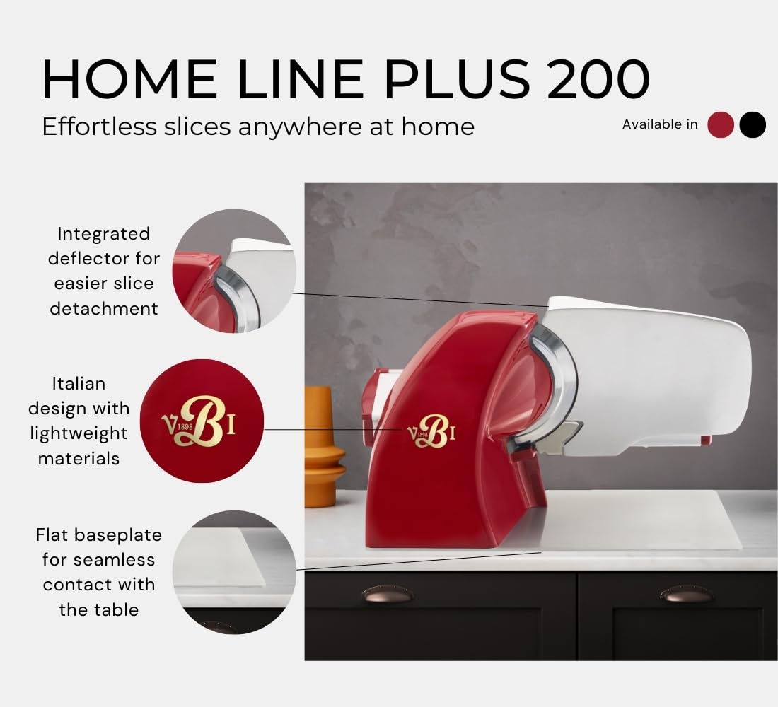 VBI Milano 1898 Home Line Plus 200 Food Slicer | 8-inch Chromed Steel Blade | Adjustable Thickness | Premium Electric Slicer for Prosciutto, Cold Cuts, Cheese, Bread, Veggies and more (Red)