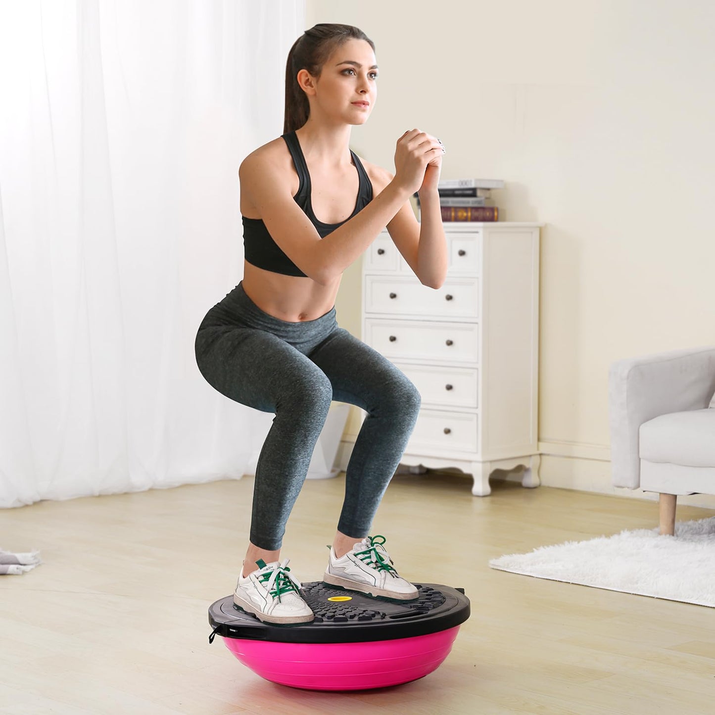 VEVOR 26-inch Half Exercise Ball Trainer, 1500 lbs Capacity Balance Ball, Includes Resistance Bands and Pump, Ideal for Full Body Workouts, Yoga, and Strength Training at Home Gym, Pink