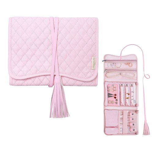 MOSISO Travel Jewelry Organizer Roll Case, Foldable Portable Jewelry Organizer Bag with Tassel for Necklace, Earrings, Rings, Bracelets and Daily Jewelries Carrying, Pink