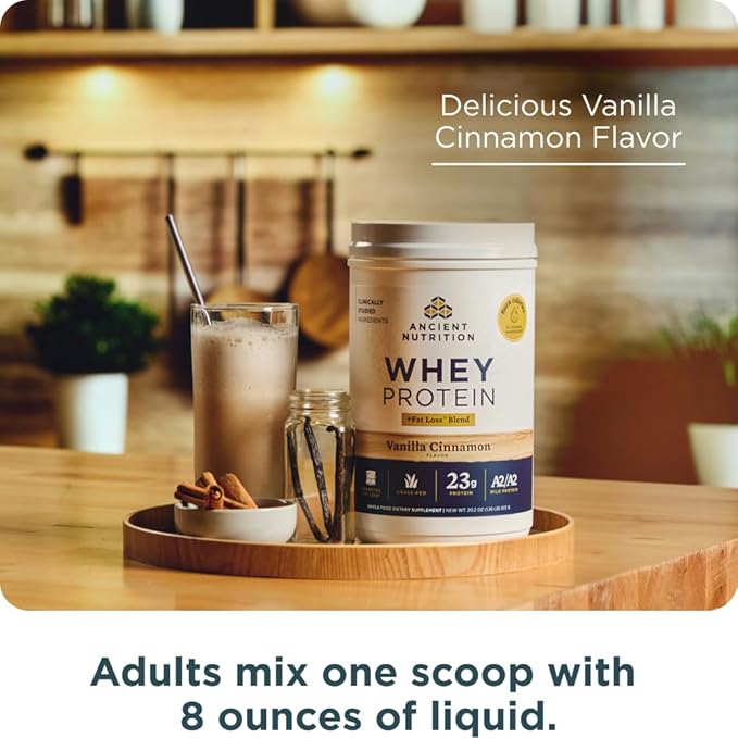Ancient Nutrition Grass Fed Whey Protein + Fat Loss Blend, Vanilla Cinnamon, 23g Protein, Promotes Fat Loss and Boost Metabolism, Organic Regenerative A2/A2 Milk Protein,18 Servings