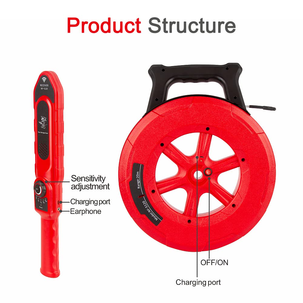 Pipe Blockage Detector, Water Pipe Locator Underground Diagnostic-Tool Wall Scanner Pipeline Blocking Clogging Scanner Plumbers Instrument For Metal PVC Water Pipes, 40M