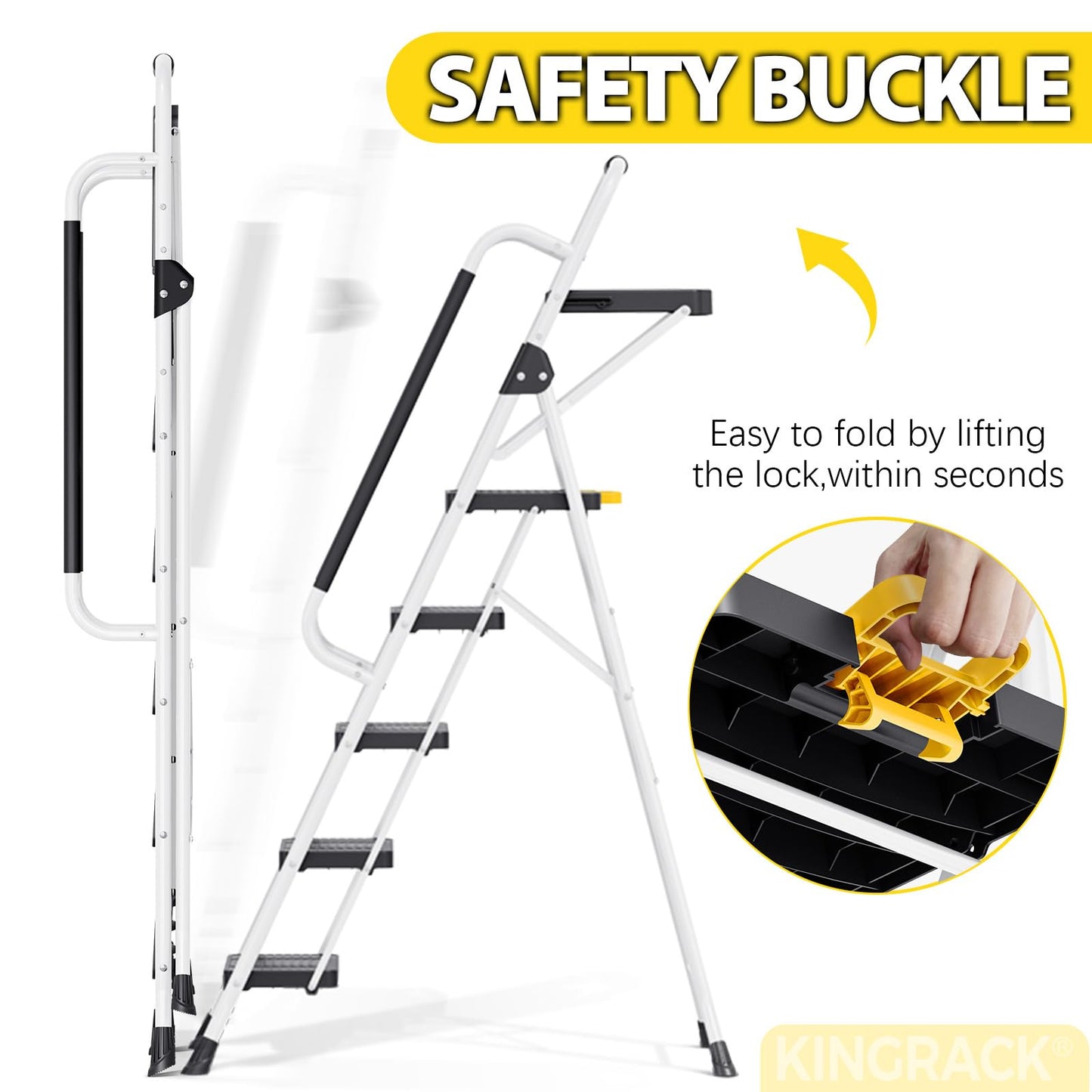KINGRACK Folding 5-Step Ladder, 800 lbs Capacity Step Stool with Safety Lock, Tool Tray, Non-Skid Wide Steps, Handrail, Household Folding Ladder for Home, Garden, Painting, Outdoor, and Garage, White
