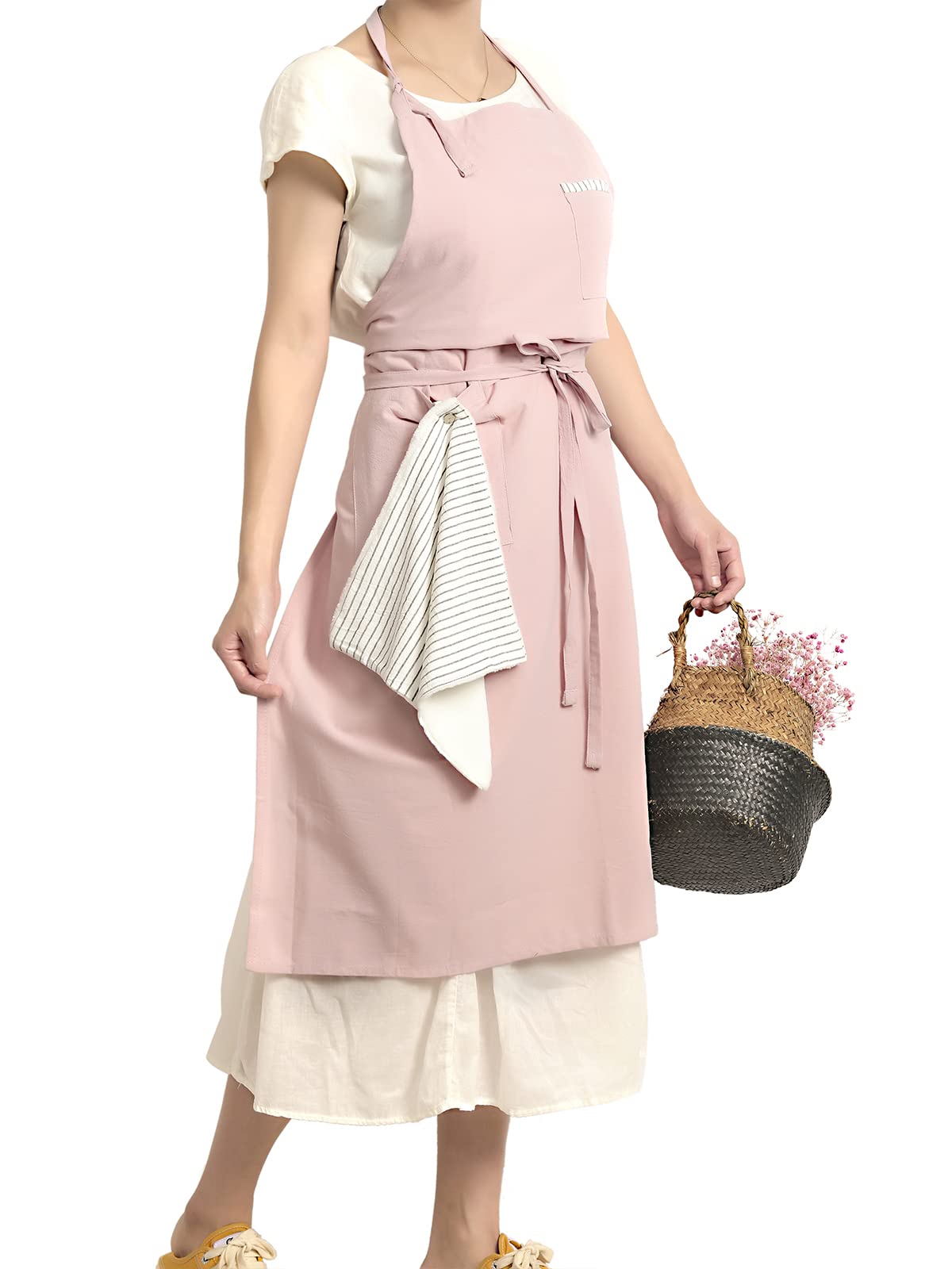 Tobyan Soft Cotton Linen Apron - Retro Linen Art Apron, Adjustable Casual Apron with Towel, Great for Florist, Coffee House and Kitchen (Pink)