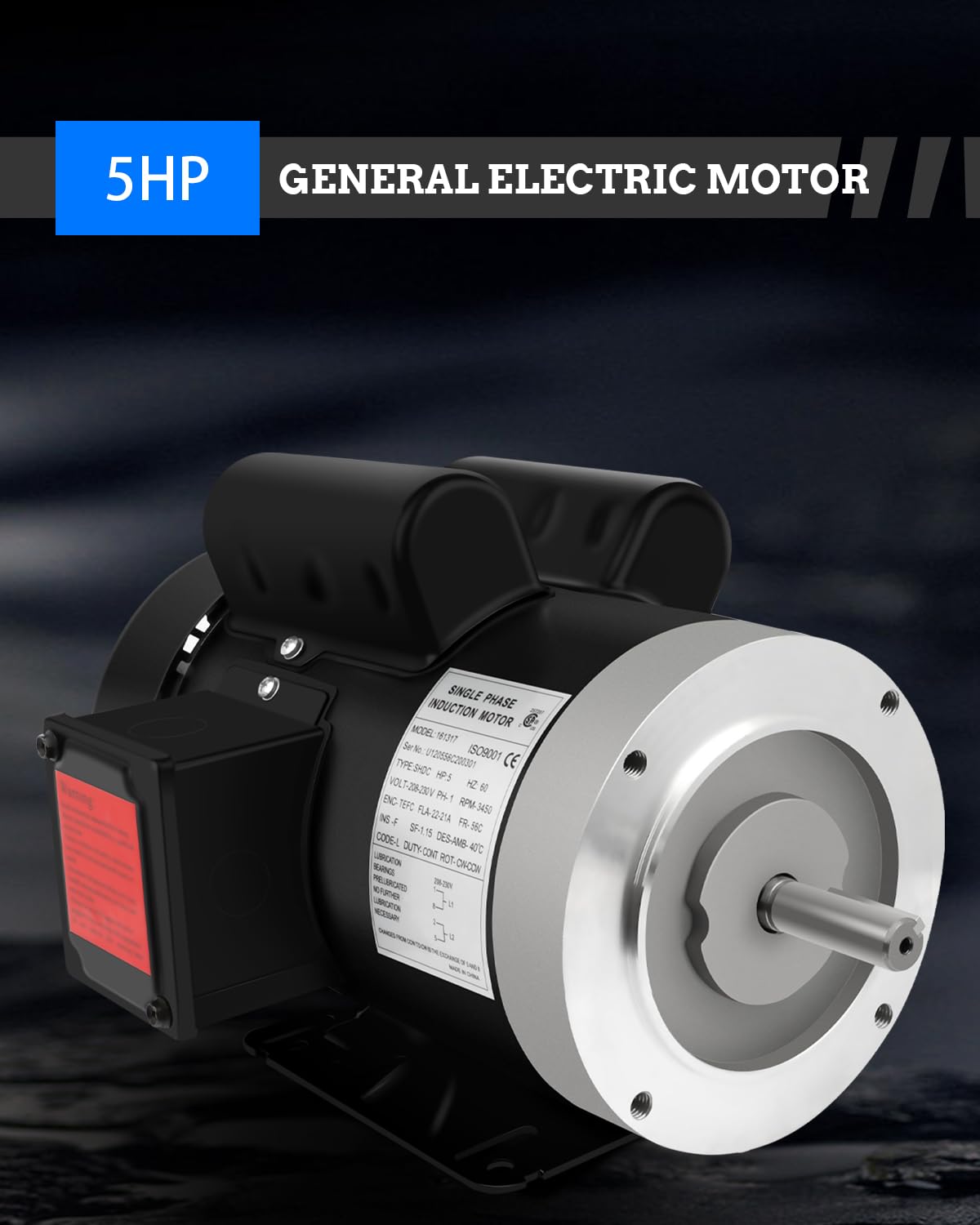 Electric Motor 5HP, 3450RPM General Purpose Motor, Single Phase Motor 208-230V 56C Frame 5/8" Shaft Diameter 60HZ TEFC