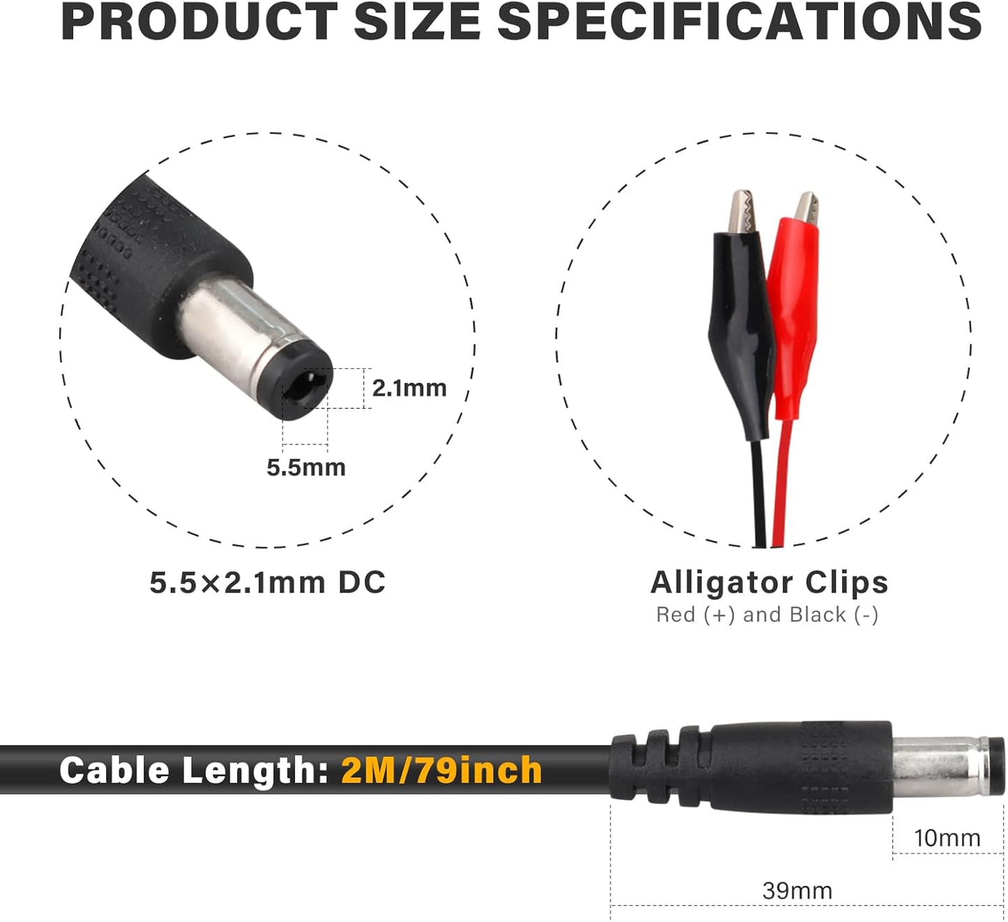 KSK 79-inch (2 Pack Clips,5.5x2.1mm Trail Camera Power Cord with Alligator DC External Power Cable,Compatible