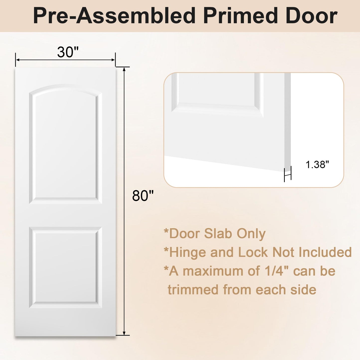 JUBEST 30"x80" Raised 2-Panel White Primed Hollow Core Interior Molded Door Slab with Arch Design, NOT Pre-drilled and NOT Included Hardware, Round Top Smooth Paintable Interior Door