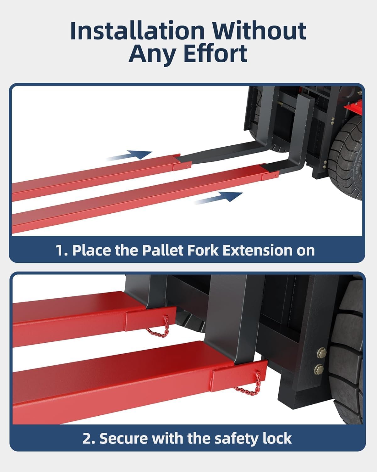 96 in Forklift Extensions, 5 in Width, 5500 LB Capacity, Heavy Duty Steel Pallet Fork Extensions, Forklift Safety Extender for Farm Warehouse Factory Construction, 1 Pair, Red