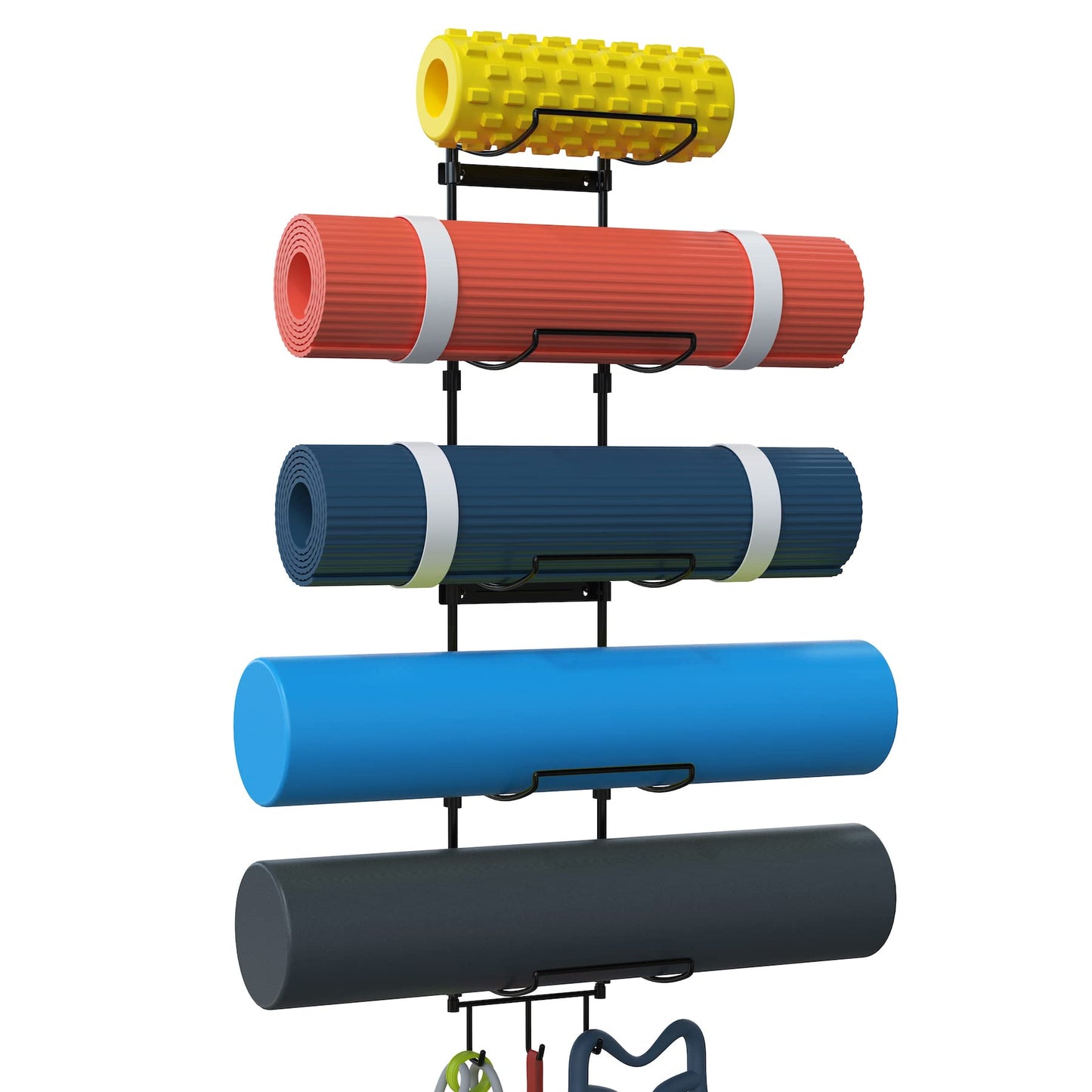 Kesito Yoga Mat Holder Wall Mount, Wall Rack Organizer, Storage Foam Roller and Block, with 5 Sectional and 3 Hooks for Hanging Yoga Strap, Resistance Bands at Fitness Class or Home Gym, Decor(Black)