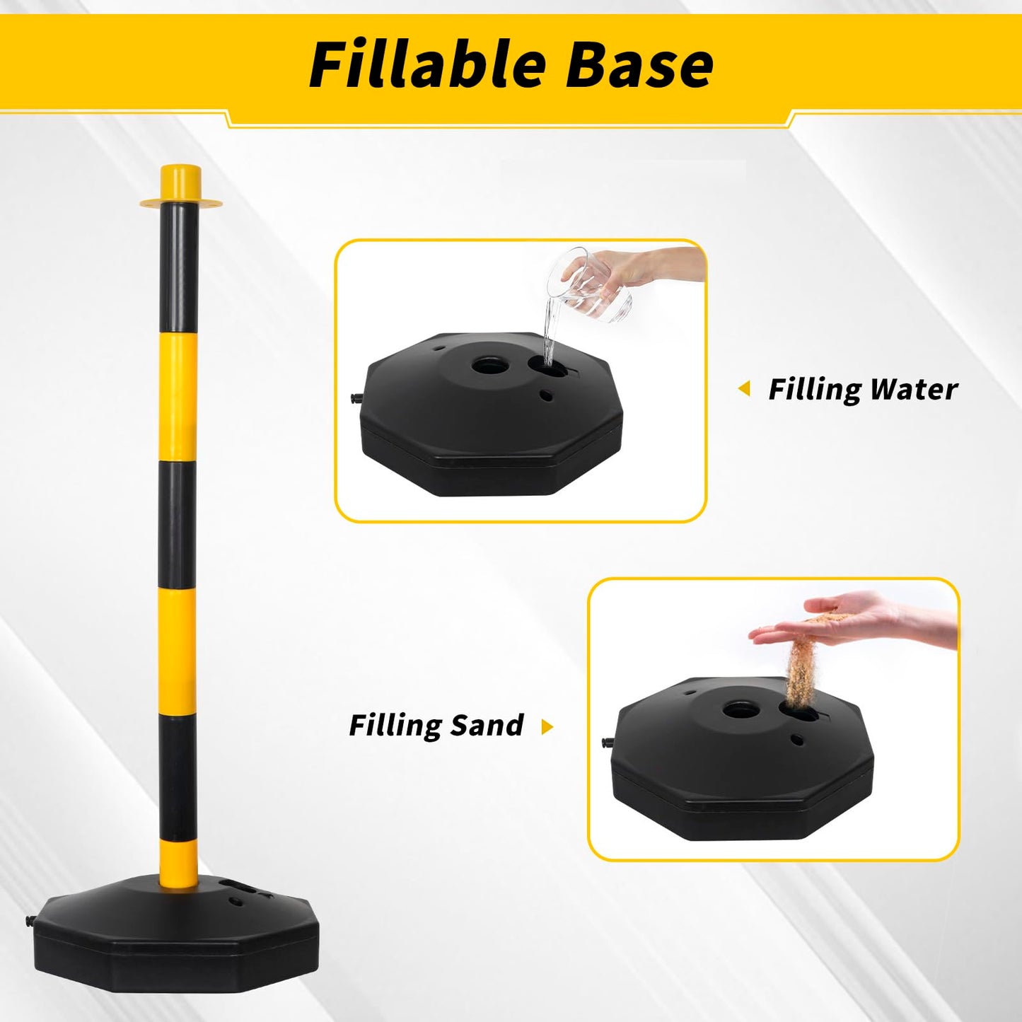 SHAREWIN Parking Delineator Stanchion with Base - 10 Pack 35" Post Traffic Cone, Reflective Collar Black, Yellow - Chain Barriers for Construction, Crowd Control, Events, Road Warning