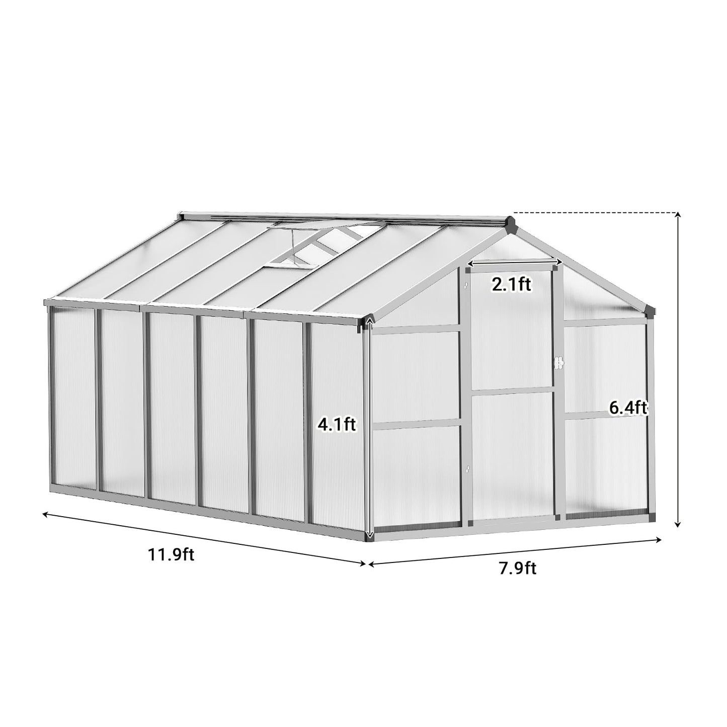 8x12 FT Greenhouse, Easy Assembly Aluminum Polycarbonate Greenhouses for Outdoors with Roof Vent, Large Aluminum Walk-in Greenhouse for Sunroom Patio, Backyard, Garden, Sliding Lockable Door, Silver