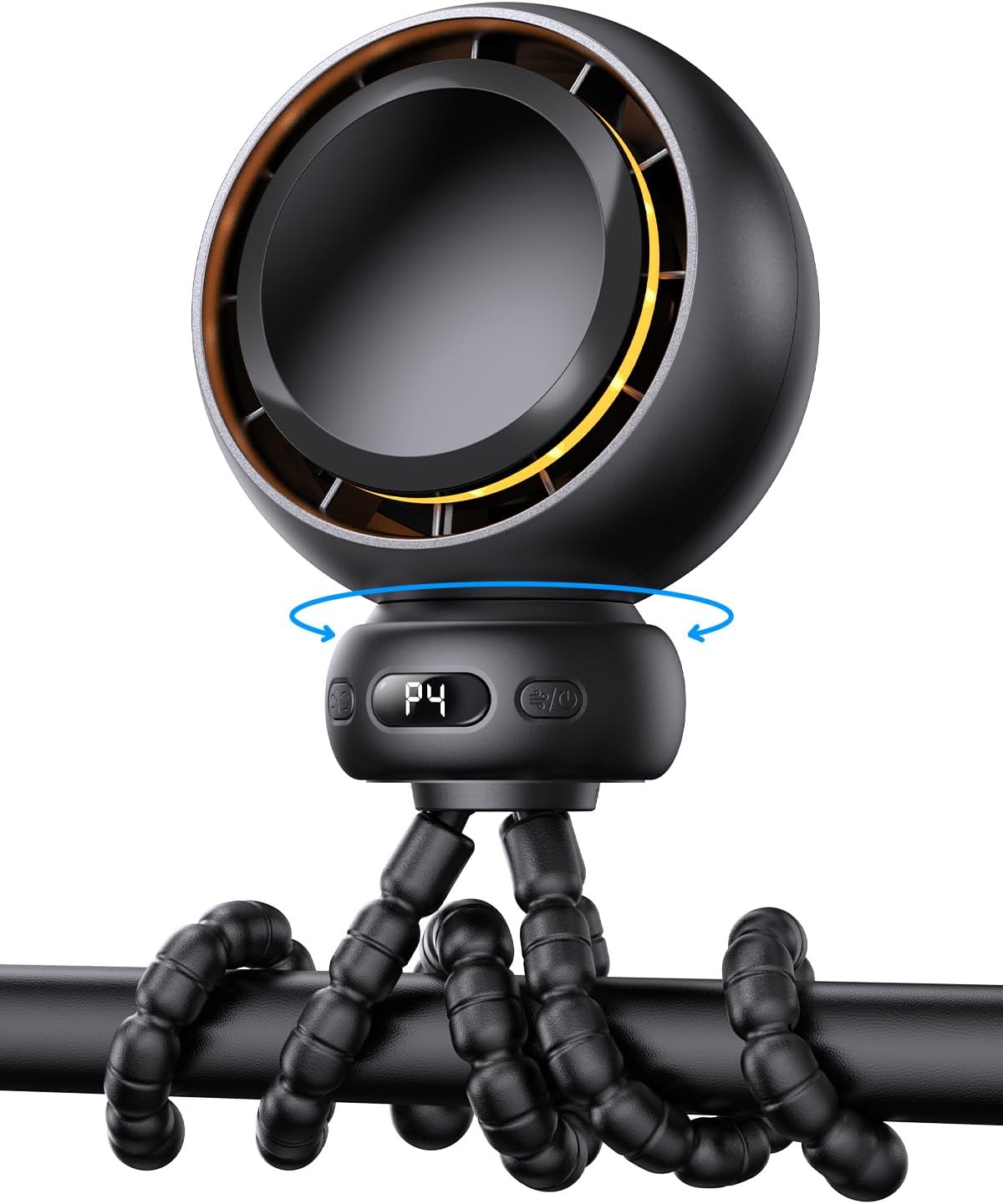 Skiennix Mini Portable Stroller Fan - 60° Auto Oscillation, USB-C Rechargeable, 4 Speeds, Night Light & Flexible Tripod (Black)