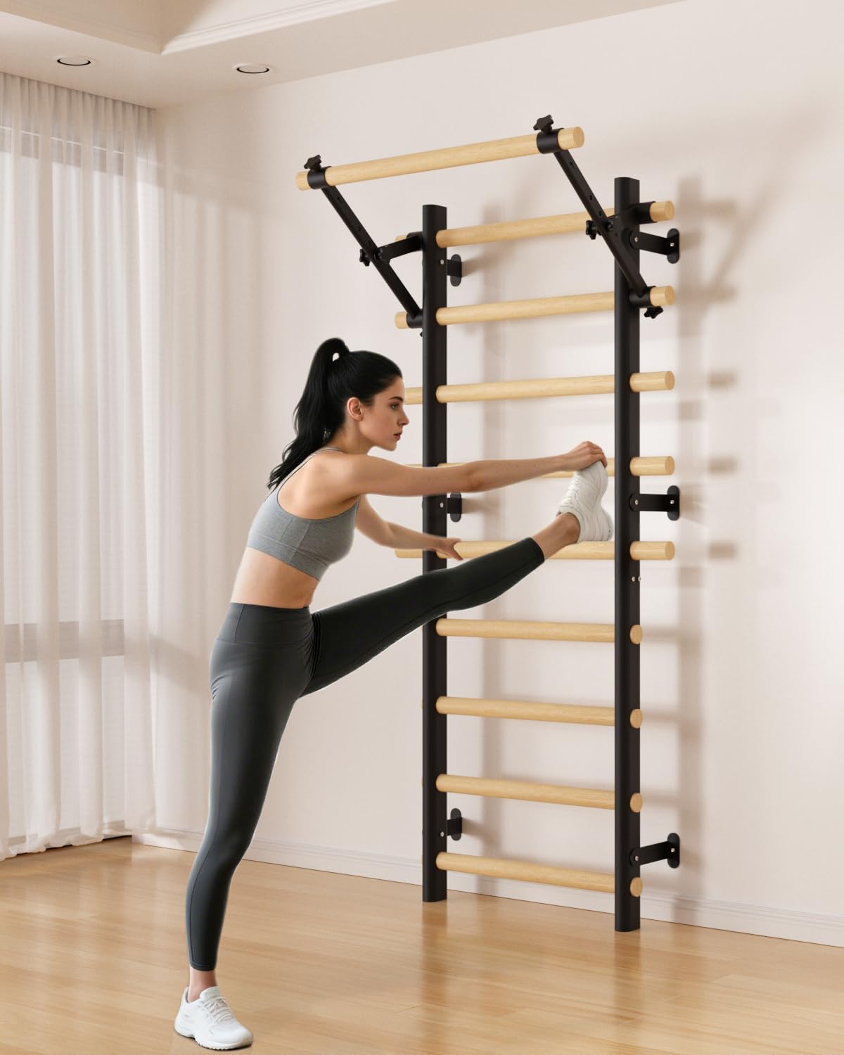 Cofiyard Swedish Ladder Wall Gym, Wooden Wall-Mounted Stall Bars with Pull-up Bar & Exercise Straps & Dip Bars, Stretching Ladder Full Body Home Gym Adults New