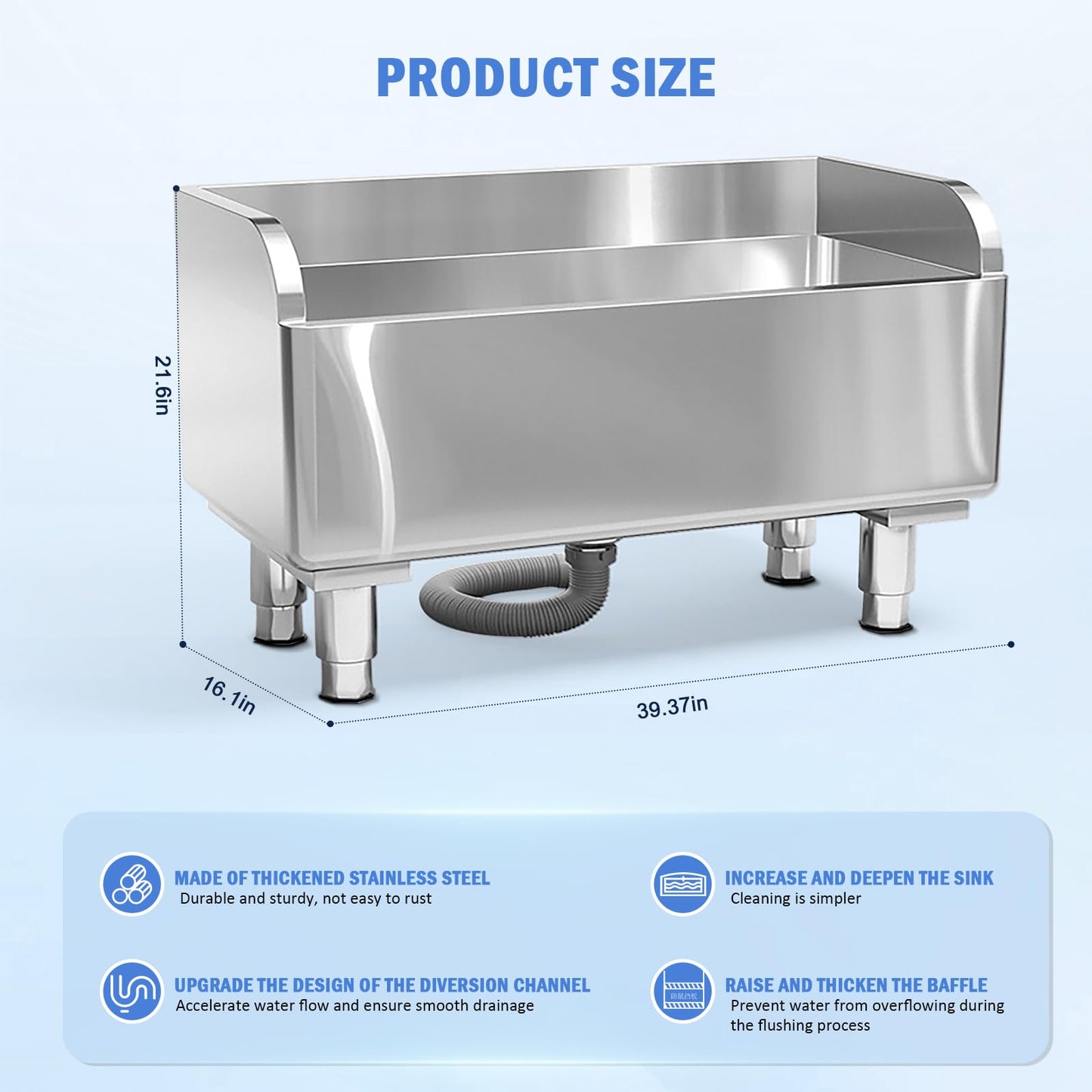 Commercial Floor Mop Sink，Stainless Steel Mop Service Basin，Mop Cleaning Sink，Vertical industrial sewage tank for balconies, laundry rooms, industries, etc（39.37”×16.1”×21.6”)