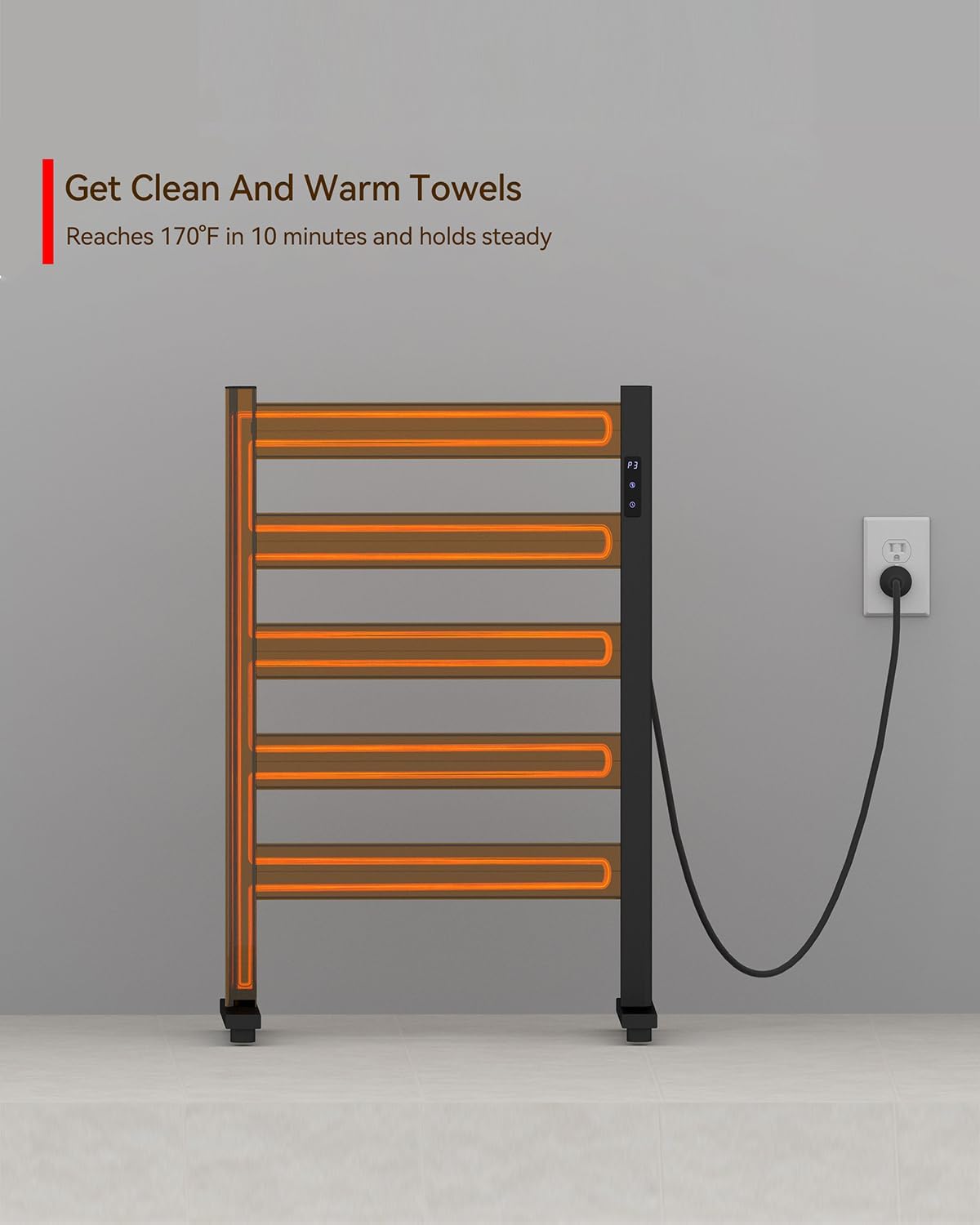 Sawlece 5-Bar Freestanding Towel Warmer, Adjustable Temperature 110–170°F, Timer and Auto Shut-Off, Fast Heating in 10 Minutes, Durable Space Aluminum, Wide Bars, Matte Black for Bathroom and Spa