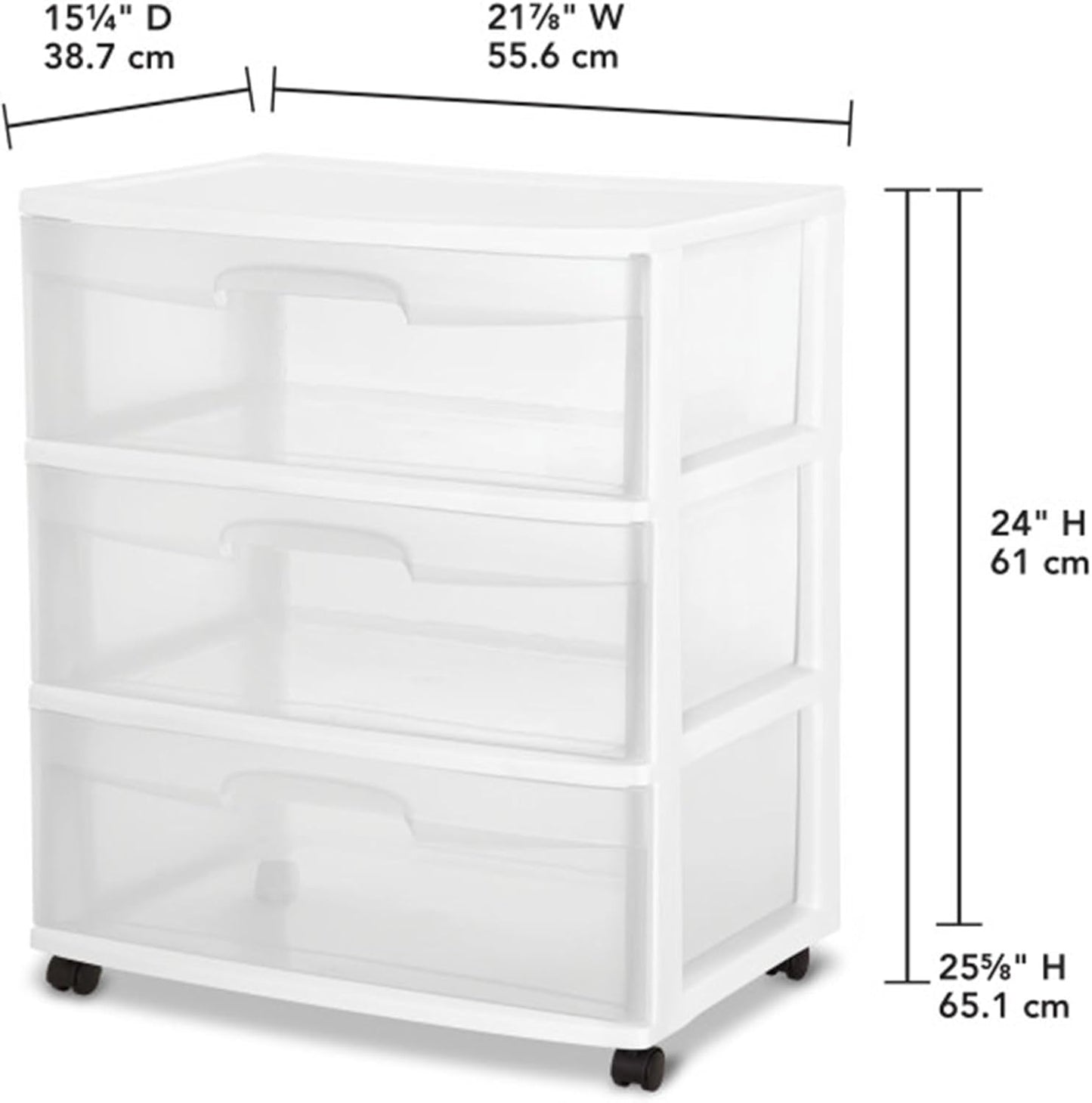 Sterilite Wide 3 Drawer Storage Cart - Rolling Plastic Organizer with Wheels | White & Clear Drawers