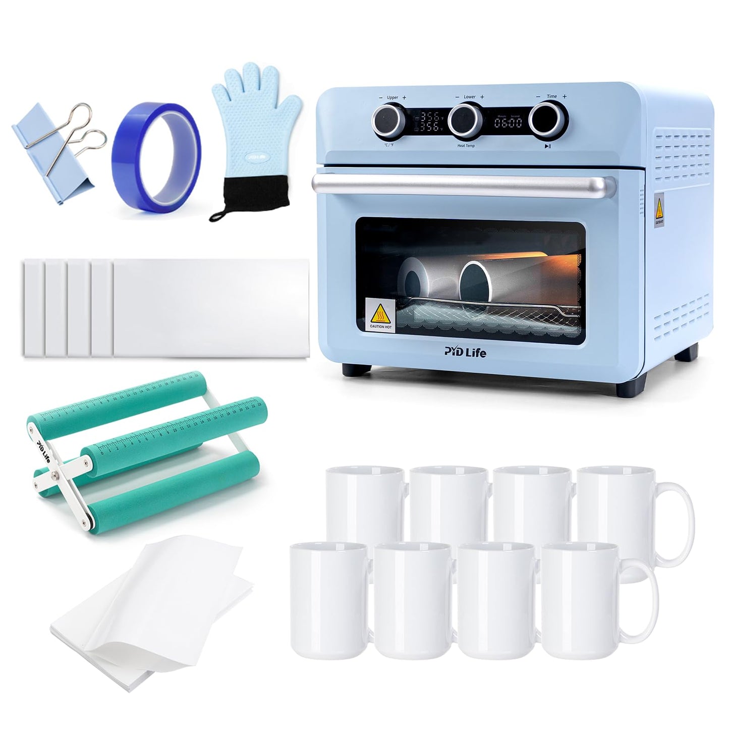 PYD Life 25 L Sublimation Oven Sublimation Starter Benginers Kit Bundle with 15 OZ Sublimation Mugs,Tumbler Cradle,Shrink Wrap Films