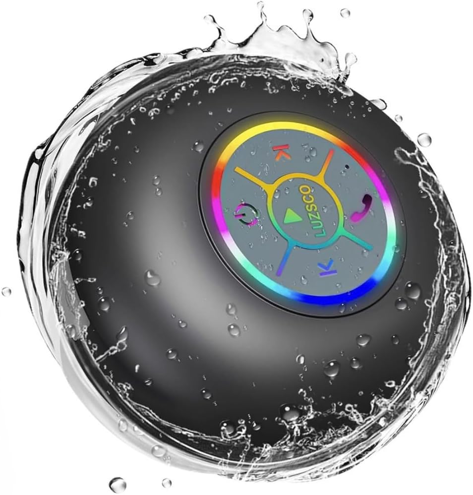 Luzsco IPX4 Bluetooth Shower Speaker with LED Portable Wireless Mini Speaker with Mic & Suction Cup, Water Resistant
