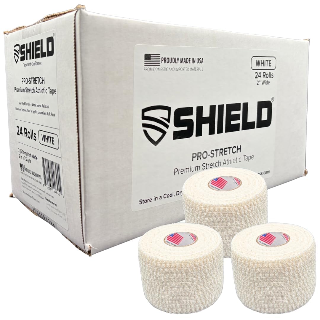 Shield PRO-Stretch Premium Elastic Athletic Tape - 2 Inch 24 Roll Case - Elastic Sports Tape for Training Support Tape for Teams Clinics and Athletic Trainers (540 Total Stretch feet) (White)