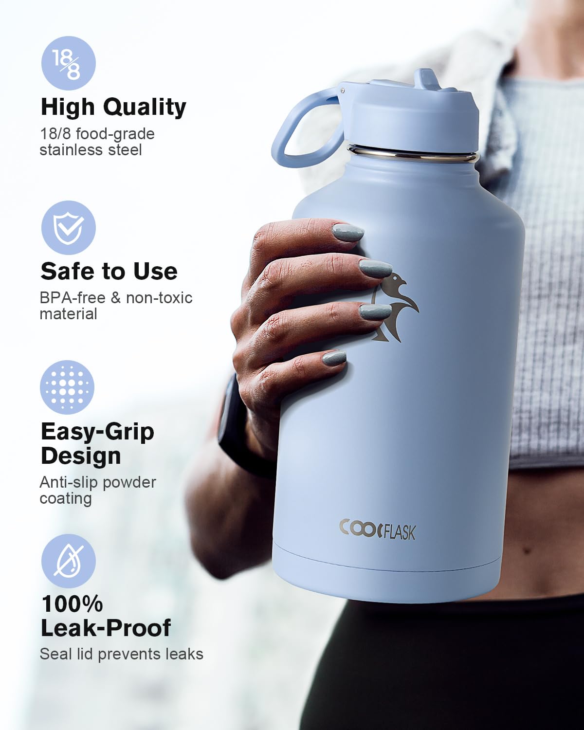 Half Gallon Water Bottle Insulated with Straw & 3 Lids, Coolflask 64 oz Water Jug Large Metal Stainless Steel Wide Mouth for Sports, Gym or Office, Non-BPA Keep Cold 48H Hot 24H, Light Blue