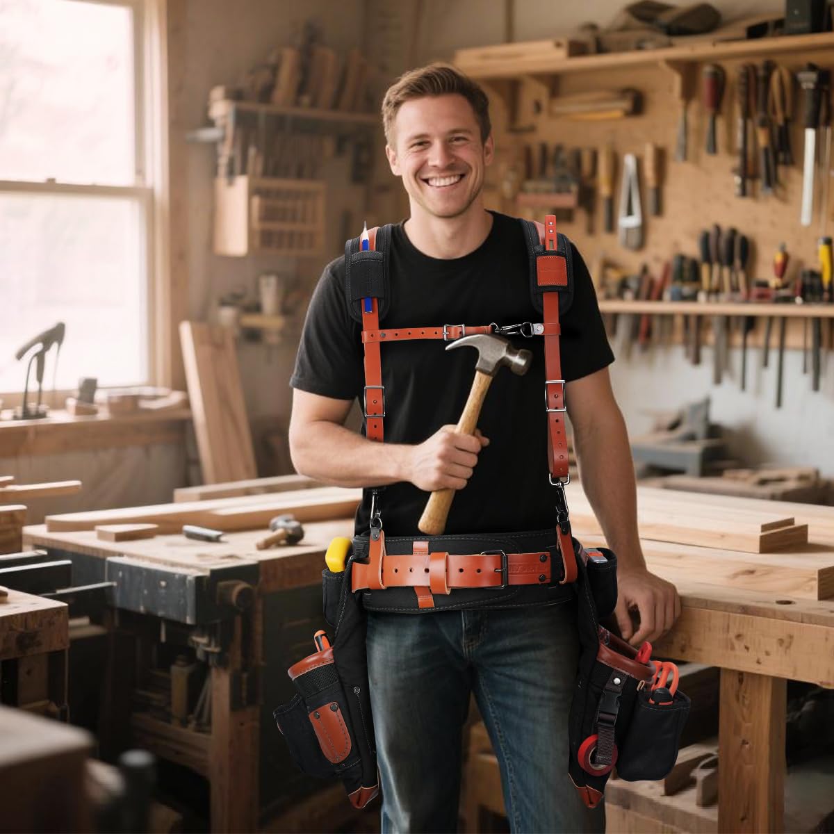WELKINLAND Top-Grain Leather Tool Belt With Suspenders, Heavy-Duty Leather Tool Belts With Suspender, 22-Pocket Carpenter Pouches For Construction, Comfy Roofing Tool Belt, Framers Tool Belts