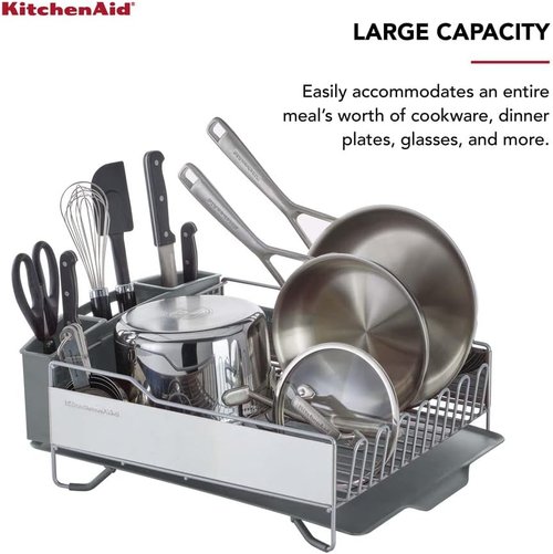 KitchenAid Dish Rack - Large Capacity, Rust Resistant with Angled Drain Board & Removable Caddy | Light Grey