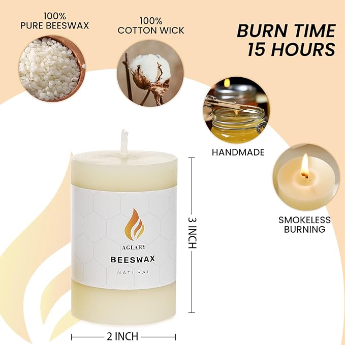 6PCS Beeswax Pillar Candles,Large Handmade Pure Beeswax Candle,Long Lasting Burn Time，Unscented Smokelessï¼? * 3",20H, White