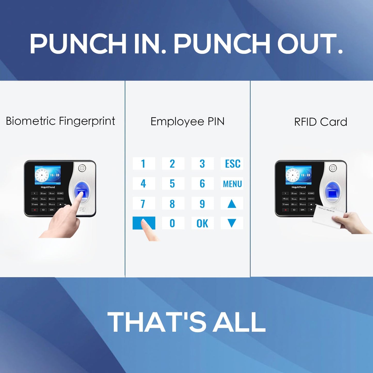 HapAttend Time Clocks Bundle with 15 RFID Cards, 0 Monthly Fees Standalone Biometric Time Attendance Punch Machine with Fingerprint, RFID and PIN