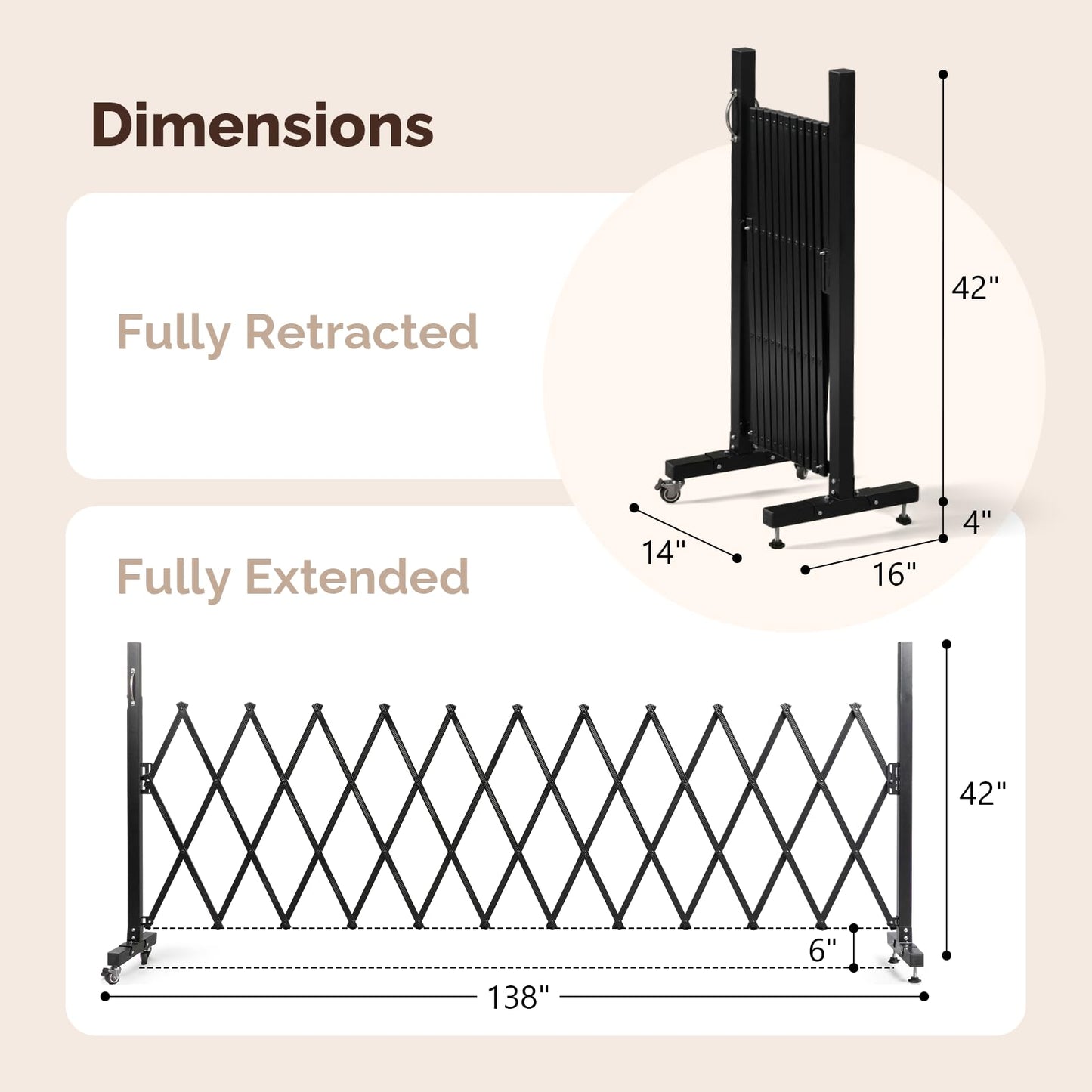 VINGLI 11.5ft Expandable Garden Fence with Casters, Aluminum Retractable Barricade Gate, Adjustable Safety Gate, Pet Barrier for Patio, Garage, Driveway, Crowd Control (Black)