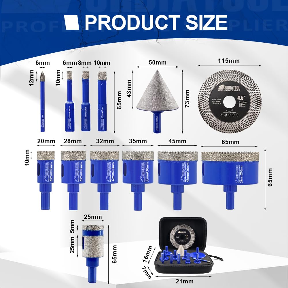 Diamond Core Drill Bits Set 12PCS - DARTOTEK Tile Hole Saw Kit (6/8/10/20/35/50/75/125/20mm/2/SDS/HEX for Porcelain, Ceramic Tile, Granite, Marble, Masonry