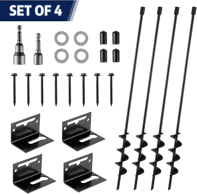MIXXIDEA 24 in Mobile Home Anchors, Metal Ground Anchor Screw in, Heavy-Duty Earth Anchors with Adapter for Drill, Anchor Kits Set of 4 for Storage Shed, Swing, Trampoline, Tent (Black-4pk)