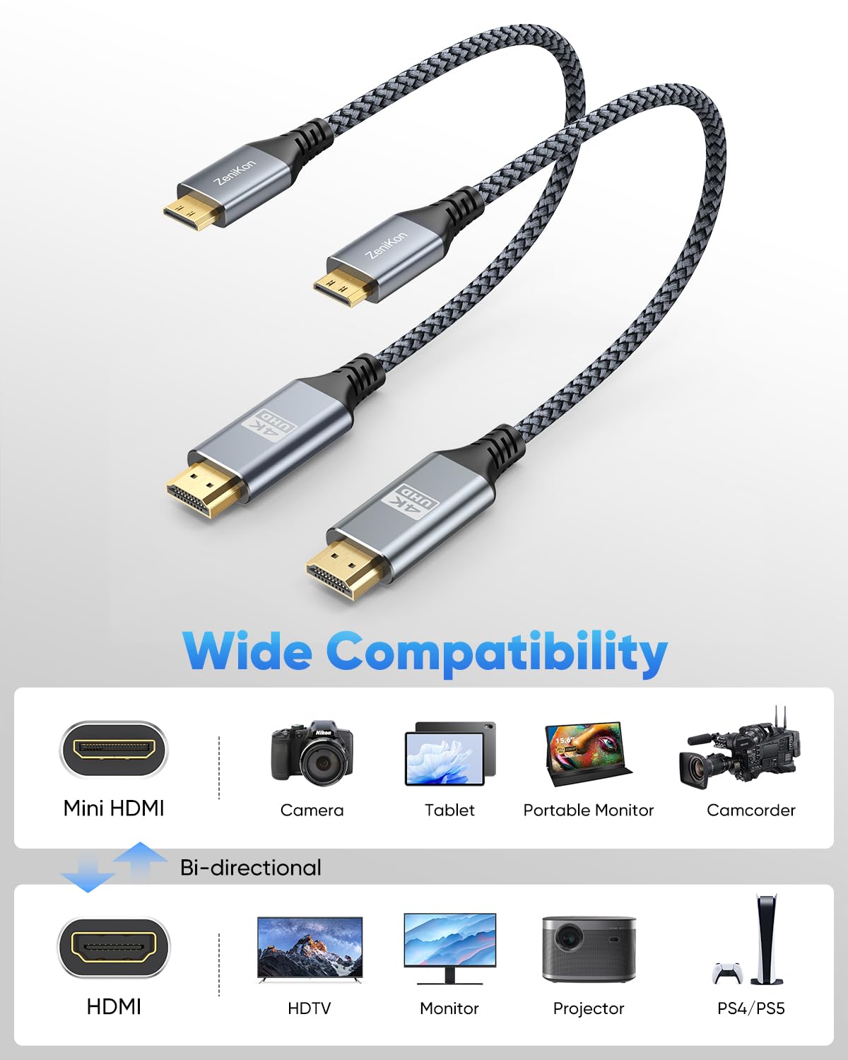 4K 1FT 2-Pack, 4K@60Hz/2K@120Hz/1080P, 18Gbps, Short Mini HDMI to HDMI Cable HDMI to Mini HDMI Cable Braided Cord