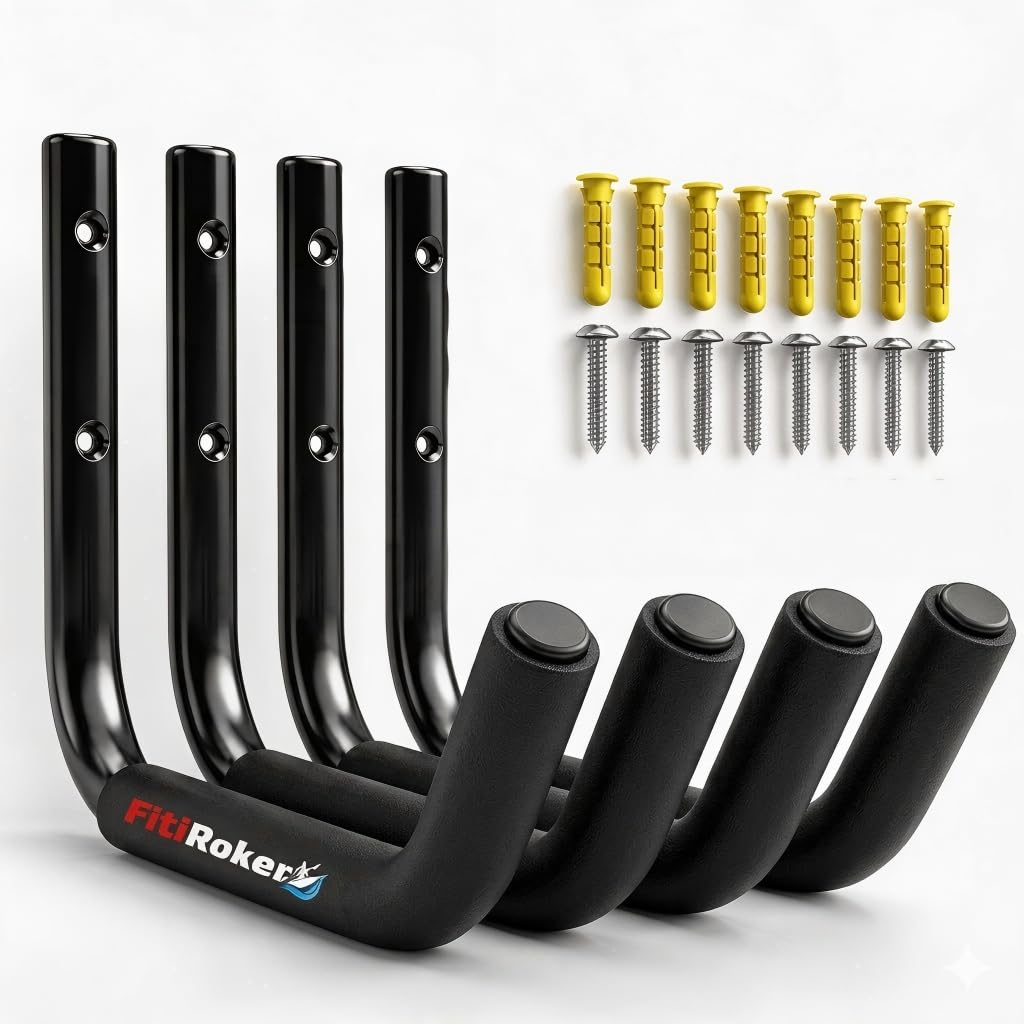 FitiRoker Kayak Storage Rack – 100LB Wall Mounted Kayak Hook with EVA Padding | Kayak Wall Mount & Kayak Rack for Garage | Garage Storage Hooks for Canoes, Paddle Boards, Ladders, Bikes (Round Tube)