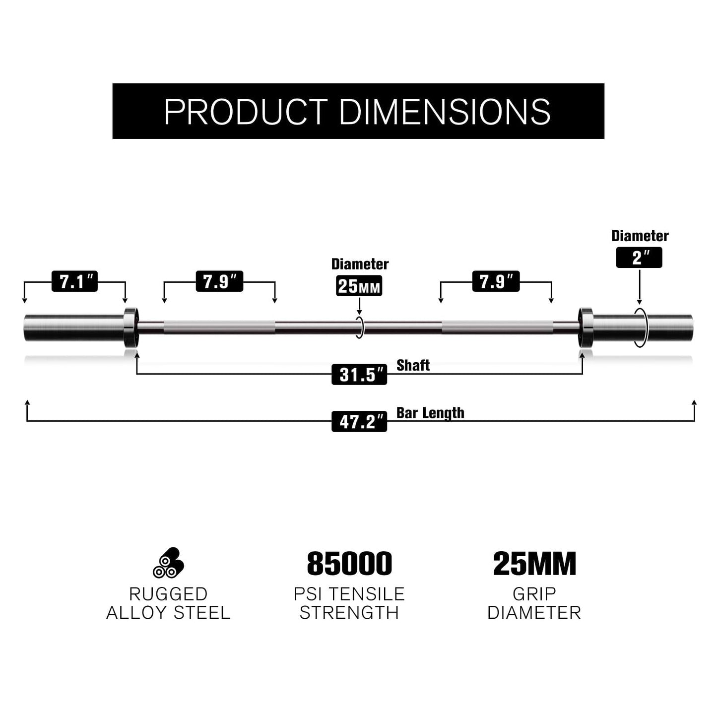 RITFIT Olympic Barbell 4ft/6ft - 2 Inch Weight Bar for Strength Training, Weightlifting, Squat, Deadlift, Bench Press, Curl, Overhead Press - 350lbs/500lbs Capacity 4FT Silver with Collar